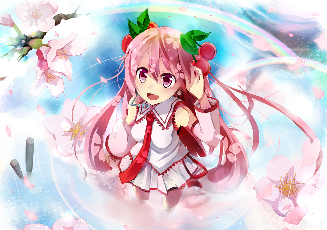 cherry, cherry_blossoms, dress, flowers, food, fruit, hatsune_miku, petals, pink_eyes, pink_hair, sakura_miku, taicho128, tie, vocaloid, water, wet