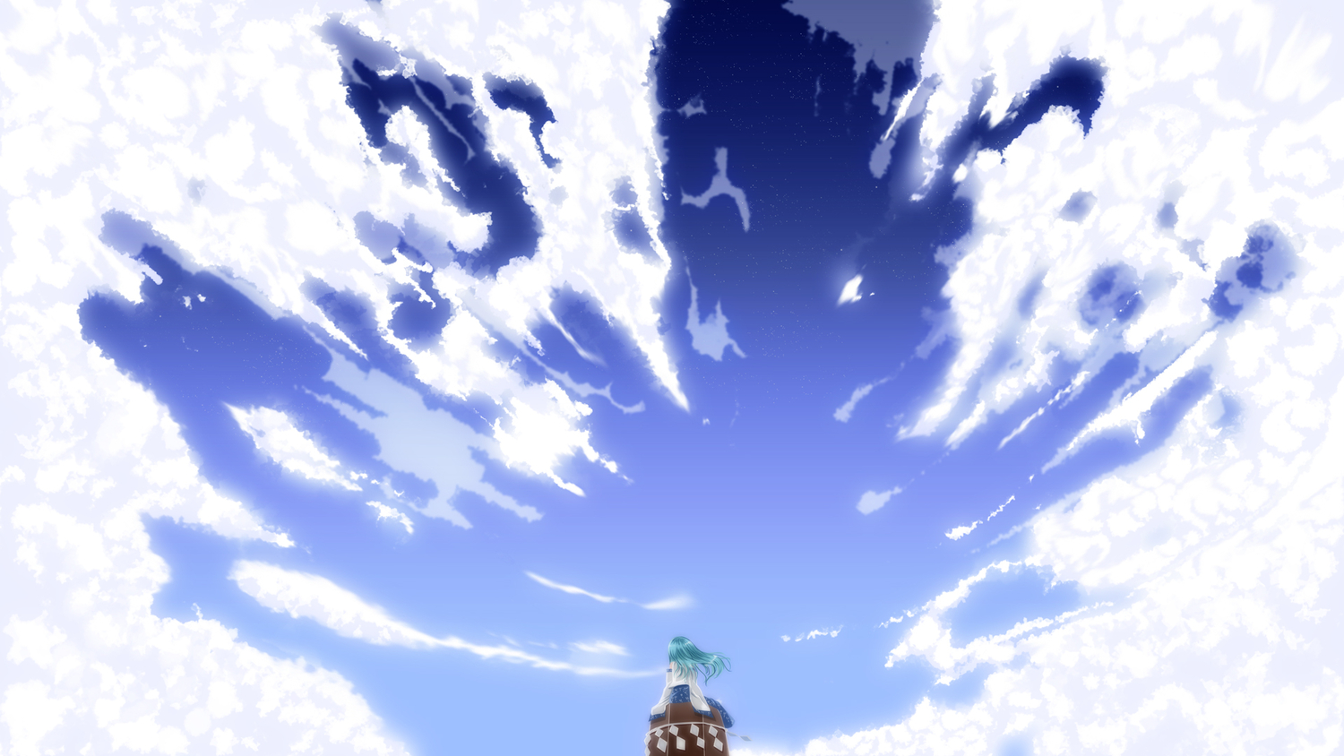 clouds, green_hair, japanese_clothes, kirise_mitsuru, kochiya_sanae, long_hair, miko, sky, stars, touhou