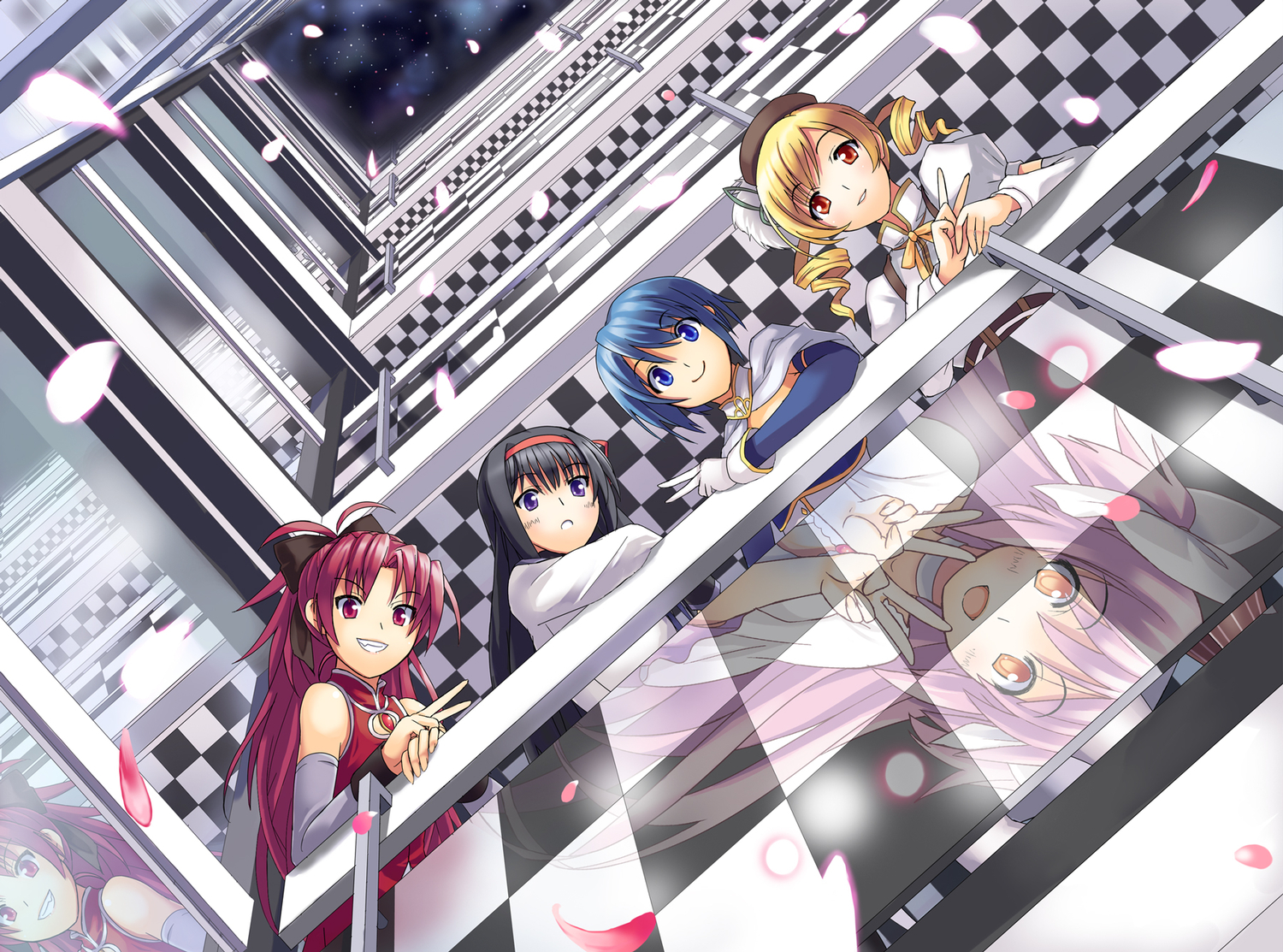 akemi_homura, black_hair, blonde_hair, blue_eyes, blue_hair, bow, brown_eyes, hat, kaname_madoka, long_hair, mahou_shoujo_madoka_magica, miki_sayaka, minazuki_(karashikazoku), night, parody, petals, pink_hair, purple_eyes, red_eyes, red_hair, sakura_kyouko, short_hair, stars, tomoe_mami