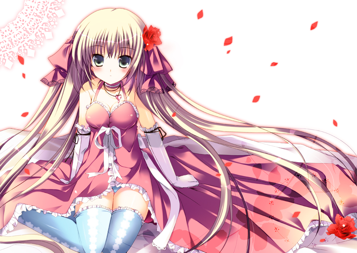 blonde_hair, blush, bow, breasts, cleavage, dress, flowers, gloves, green_eyes, long_hair, mizusawa_mimori, original, petals