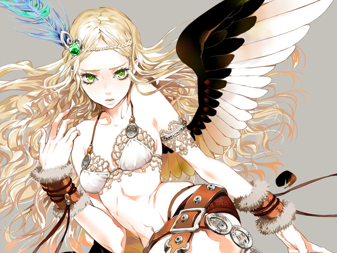 bikini_top, blonde_hair, feathers, ginsyari, gray, green_eyes, long_hair, original, underwear, wings