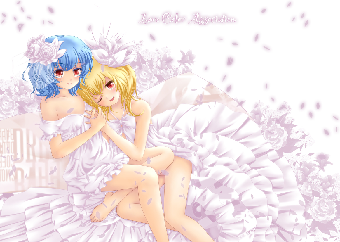 2girls, blue_hair, dress, flandre_scarlet, flowers, nekokotei, petals, red_eyes