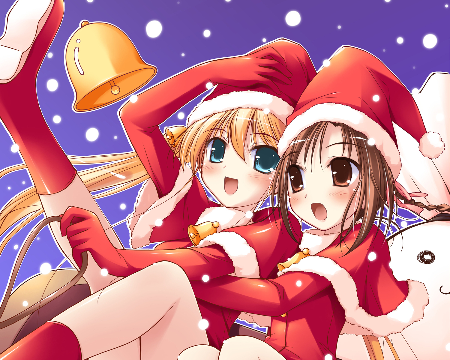 blonde_hair, braids, brown_eyes, brown_hair, christmas, green_eyes, happiness, hat, hiiragi_anri, kamisaka_haruhi, santa_costume, santa_hat