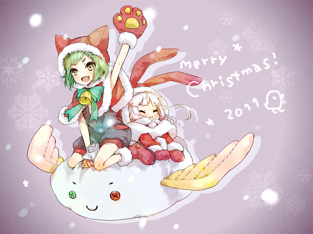 ameiro, animal_ears, christmas, fang, gloves, green_eyes, green_hair, hat, original, short_hair, white_hair, wings