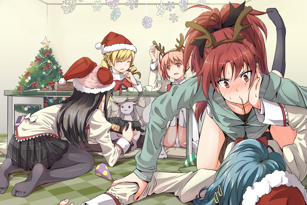 akemi_homura, black_hair, blue_hair, blush, bow, camera, christmas, hat, horns, kaname_madoka, kyuubee, long_hair, mahou_shoujo_madoka_magica, miki_sayaka, misu_kasumi, panties, pink_hair, red_eyes, ribbons, sakura_kyouko, school_uniform, short_hair, skirt, tomoe_mami, twintails, underwear