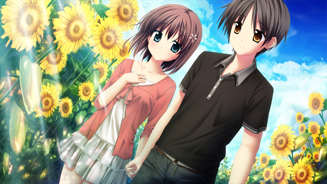 akizuki_tsukasa, aqua, flowers, game_cg, nonomiya_chisa, sorahane, sunflower