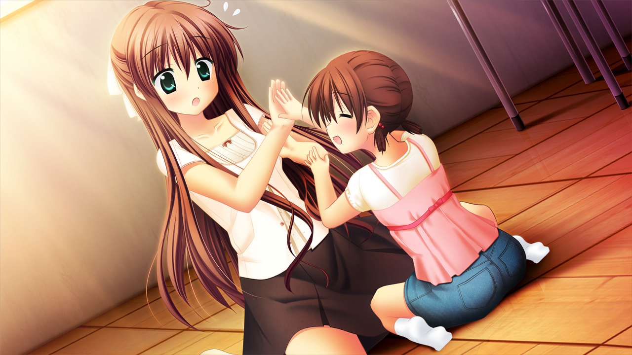 akizuki_tsukasa, aqua, brown_hair, game_cg, green_eyes, hiiragi_nazuna, long_hair, sorahane