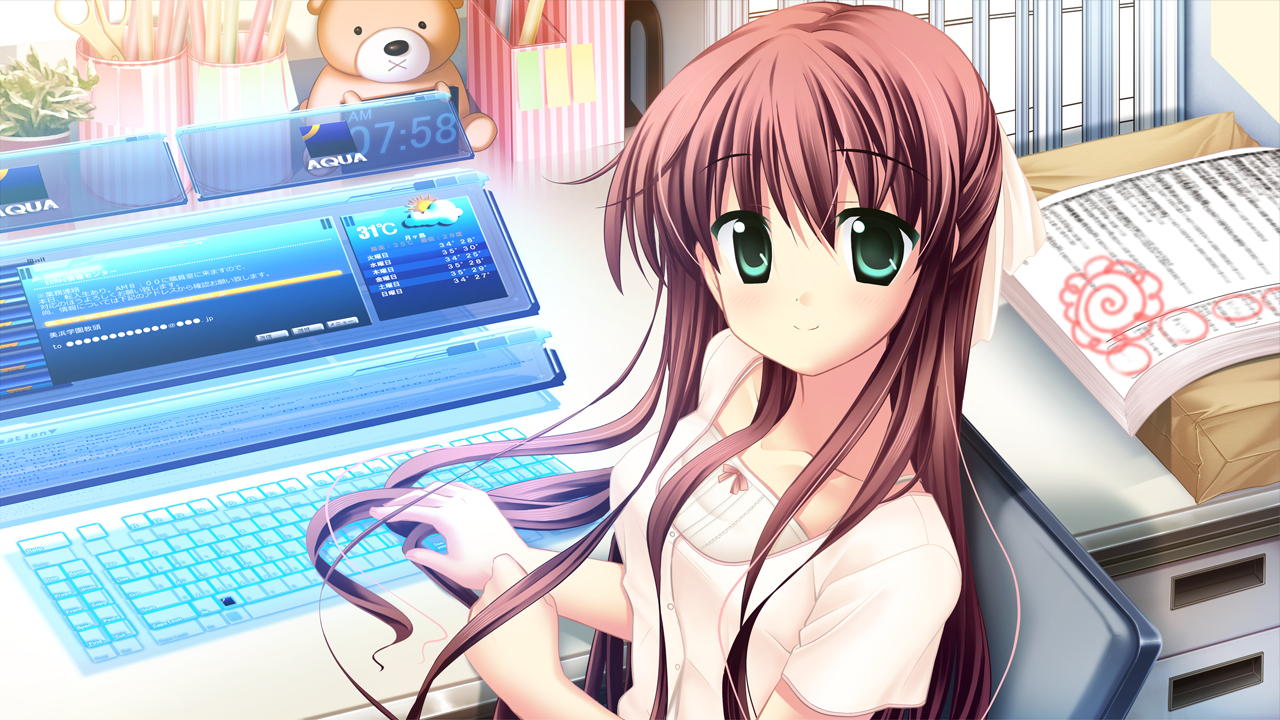 akizuki_tsukasa, aqua, brown_hair, game_cg, green_eyes, hiiragi_nazuna, long_hair, sorahane
