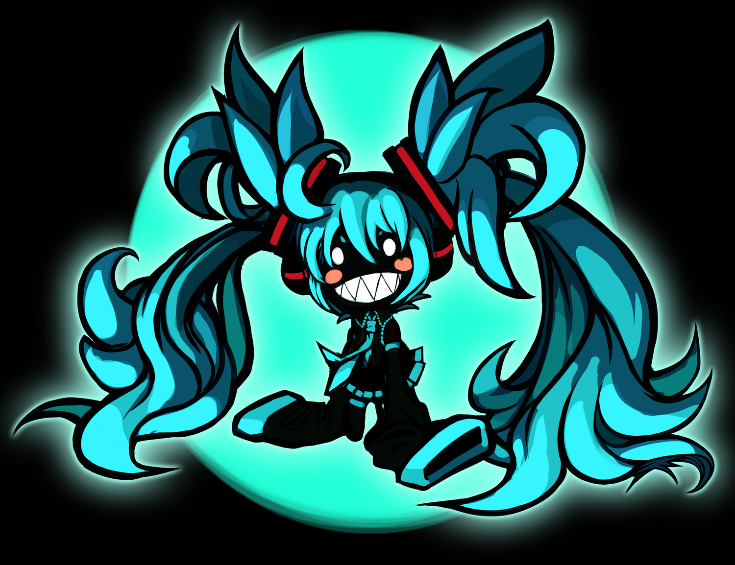 aqua_hair, blush, chibi, hatsune_miku, headphones, kansou_samehada, long_hair, polychromatic, thighhighs, tie, vocaloid
