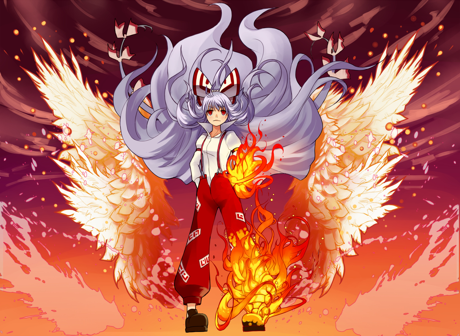 bow, fire, fujiwara_no_mokou, gray_hair, kansou_samehada, long_hair, red_eyes, touhou