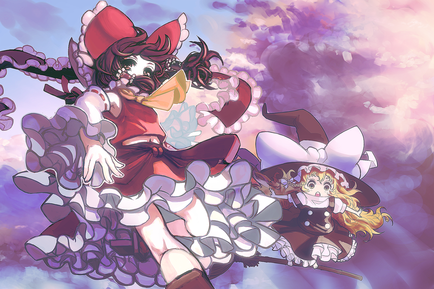 2girls, bow, clouds, hakurei_reimu, hat, japanese_clothes, kansou_samehada, kirisame_marisa