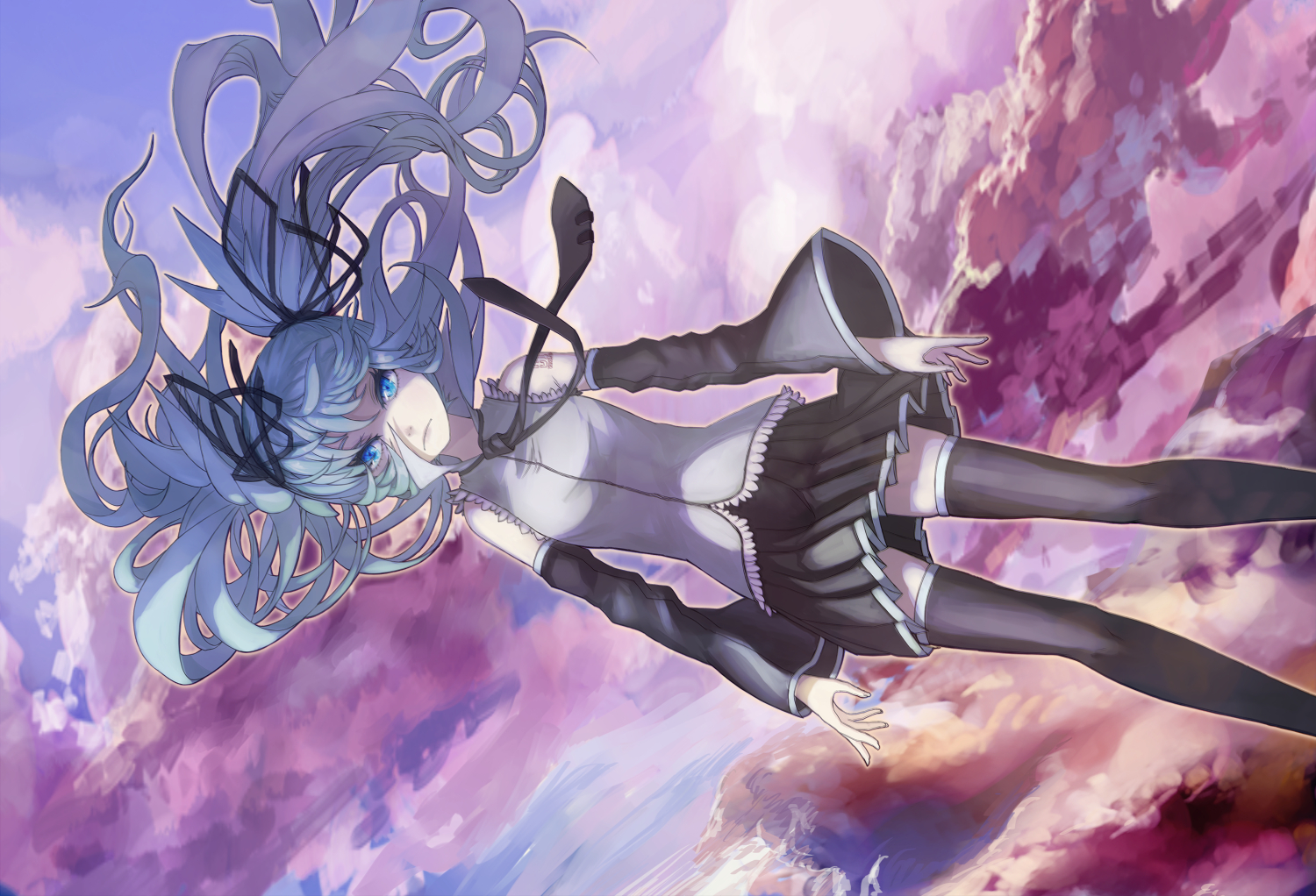 aqua_eyes, aqua_hair, clouds, hatsune_miku, kansou_samehada, long_hair, ribbons, sky, thighhighs, tie, twintails, vocaloid