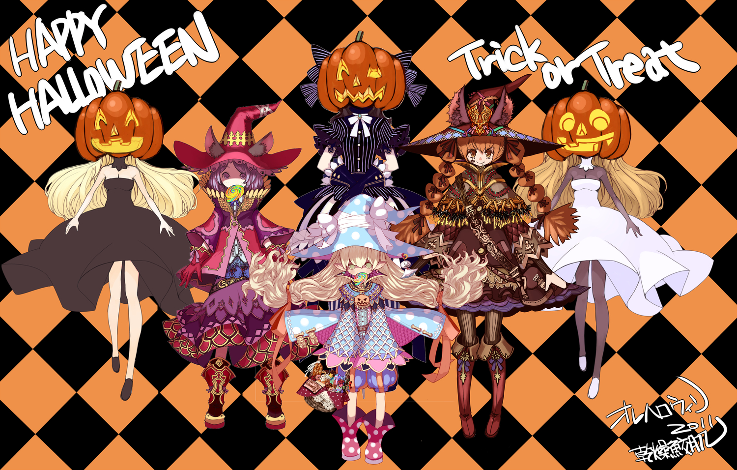 boots, candy, group, halloween, hat, kansou_samehada, original, pointed_ears