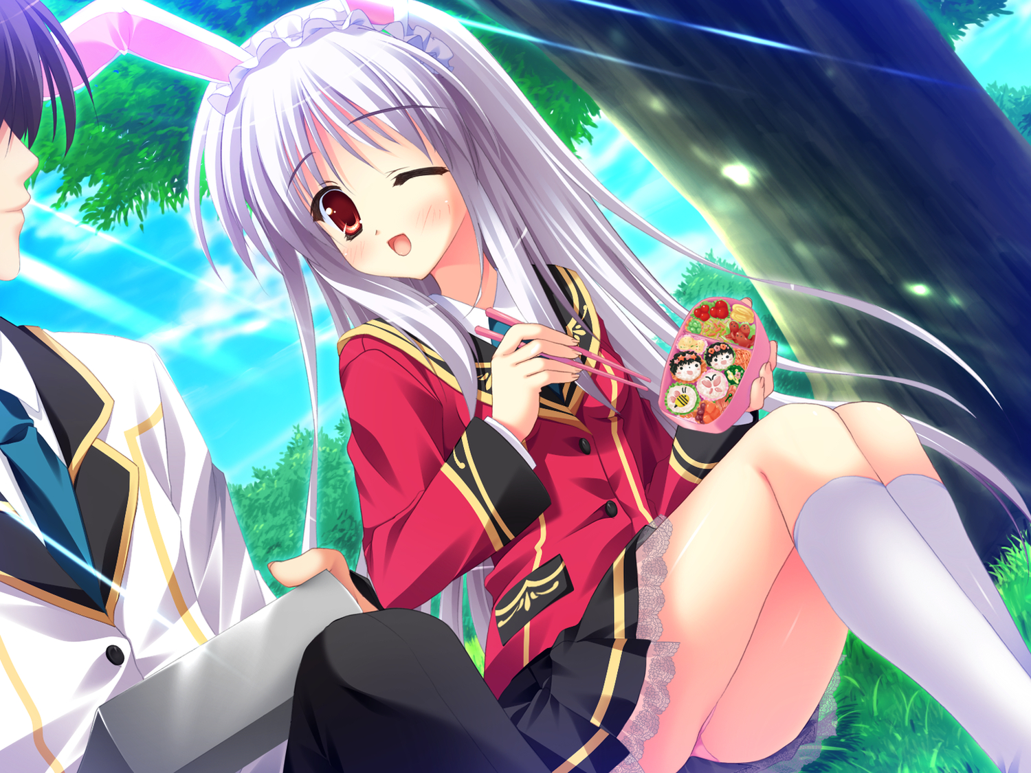 animal_ears, bunny_ears, bunnygirl, food, game_cg, hinamatsuri_touko, long_hair, luna_la_lapin, school_uniform, wink, yume_miru_tsuki_no_lunalutia