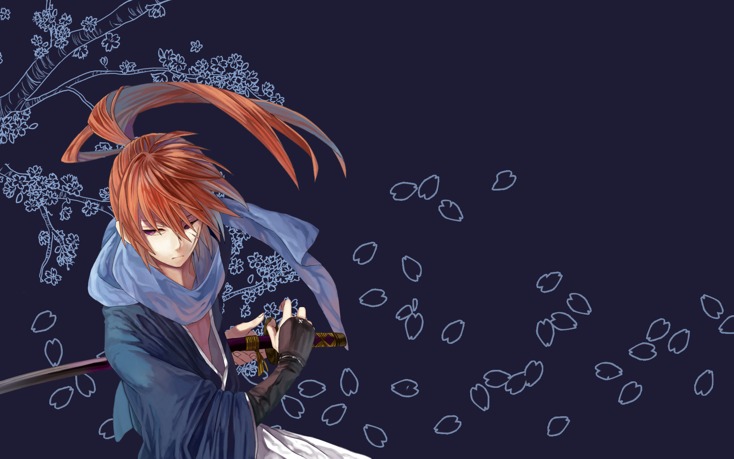 all_male, blue, flowers, himura_kenshin, japanese_clothes, katana, long_hair, male, orange_hair, petals, ponytail, purple_eyes, rurouni_kenshin, scar, scarf, sorax2112, sword, third-party_edit, weapon