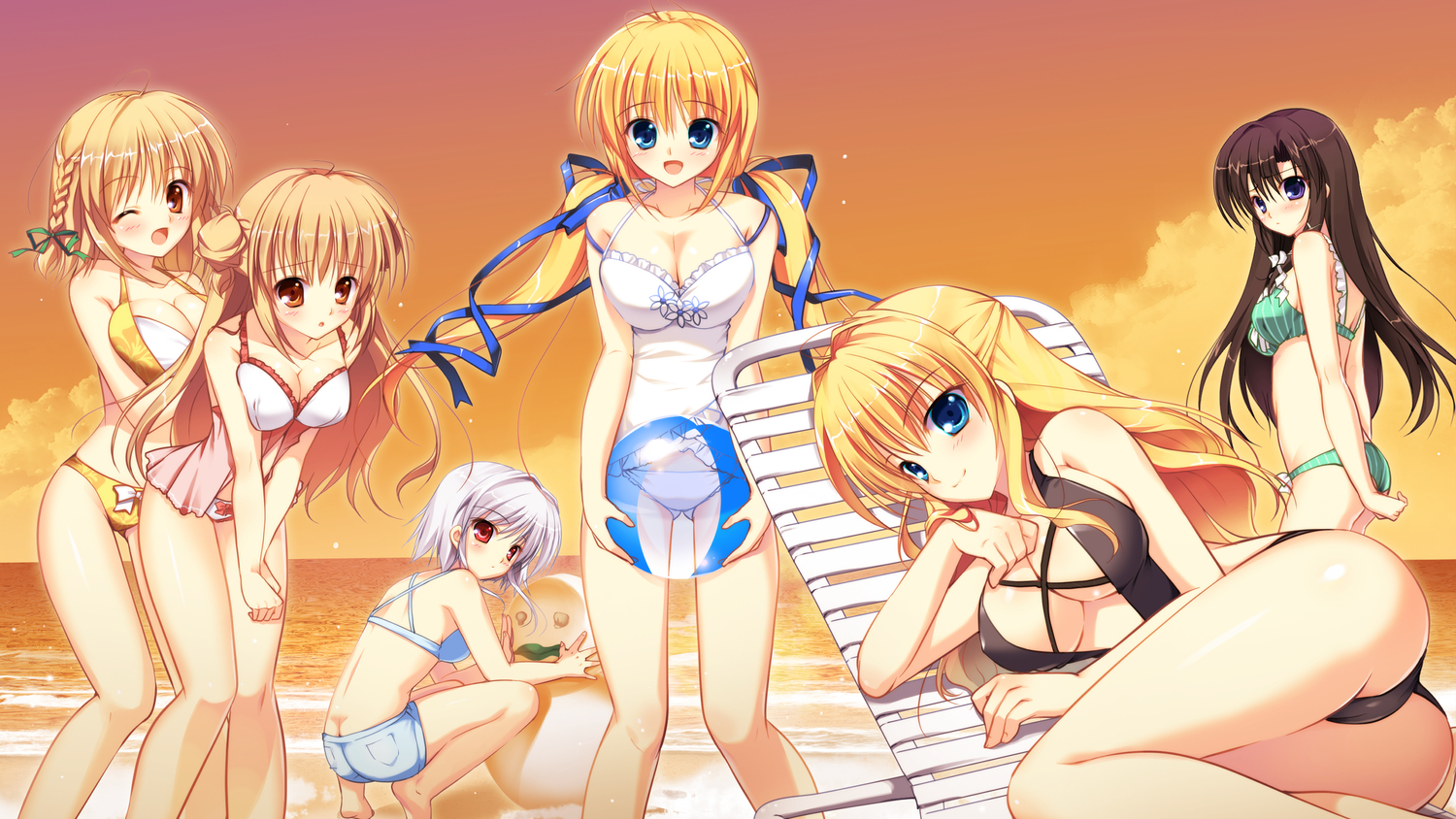 akigase_nozomi, ball, beach, bikini, black_hair, blonde_hair, blush, breasts, brown_hair, cleavage, game_cg, gray_hair, haruno_kaede, haruno_sakura_(manatsu_no_yoru), kazamatsuri_koromo, kazamatsuri_mana, manatsu_no_yoru_no_yuki_monogatari, mikeou, shinjou_yukina, swimsuit, twins, wink
