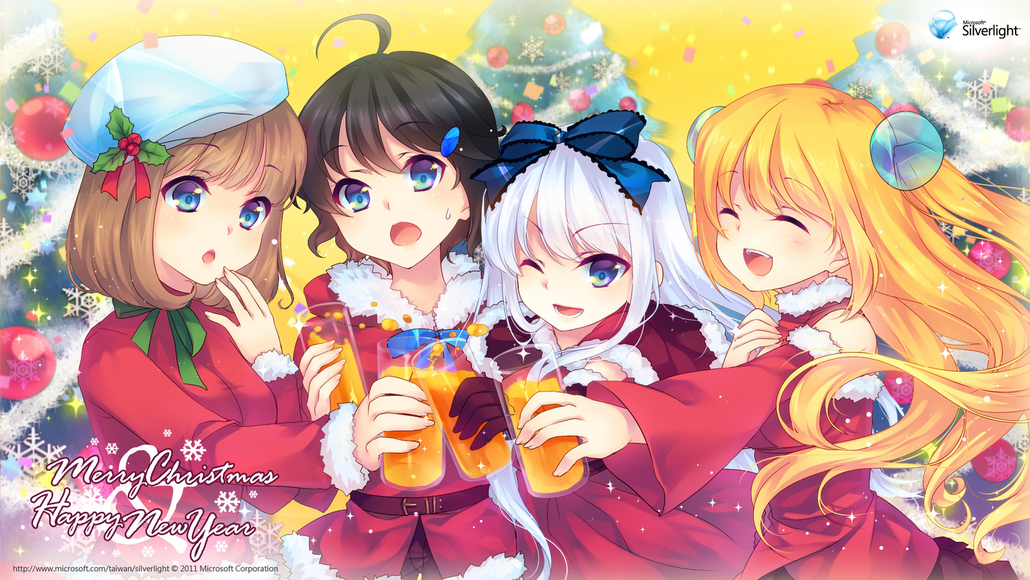 aizawa_aoi, aizawa_hikaru, aizawa_lei, aizawa_yu, aliasing, bow, christmas, drink, gloves, group, hat, microsoft, os-tan, santa_costume, shinia