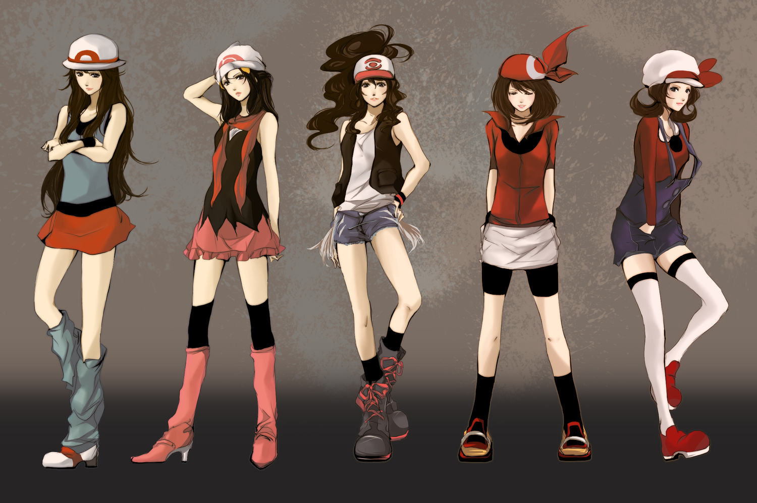 boots, fuki_(i800), gloves, haruka_(pokemon), hat, hikari_(pokemon), kotone_(pokemon), leaf_(pokemon), pokemon, ponytail, scarf, shorts, thighhighs, touko_(pokemon)