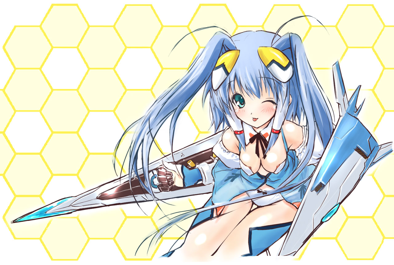 aoba_anoa, blue_eyes, blue_hair, blush, breasts, cleavage, green_eyes, long_hair, mechagirl, otomedius, panties, saeki_touma, twintails, underwear
