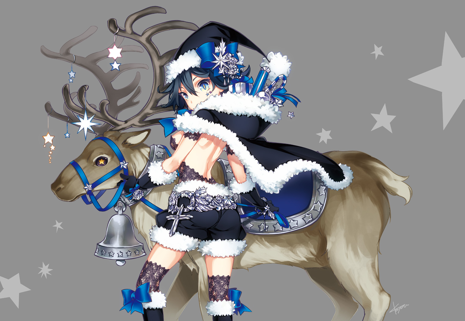 animal, black_hair, blue_eyes, boots, bow, christmas, cross, gloves, gray, hat, kayou_(artist), original, stars, thighhighs