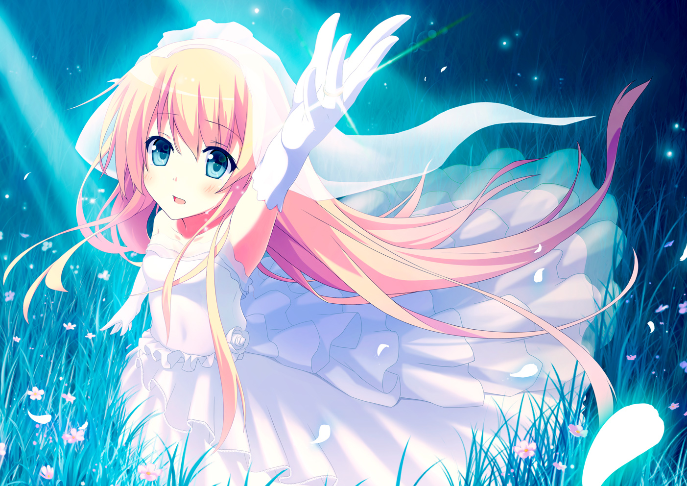blonde_hair, flowers, original, petals, shinonome_haru, wedding_attire