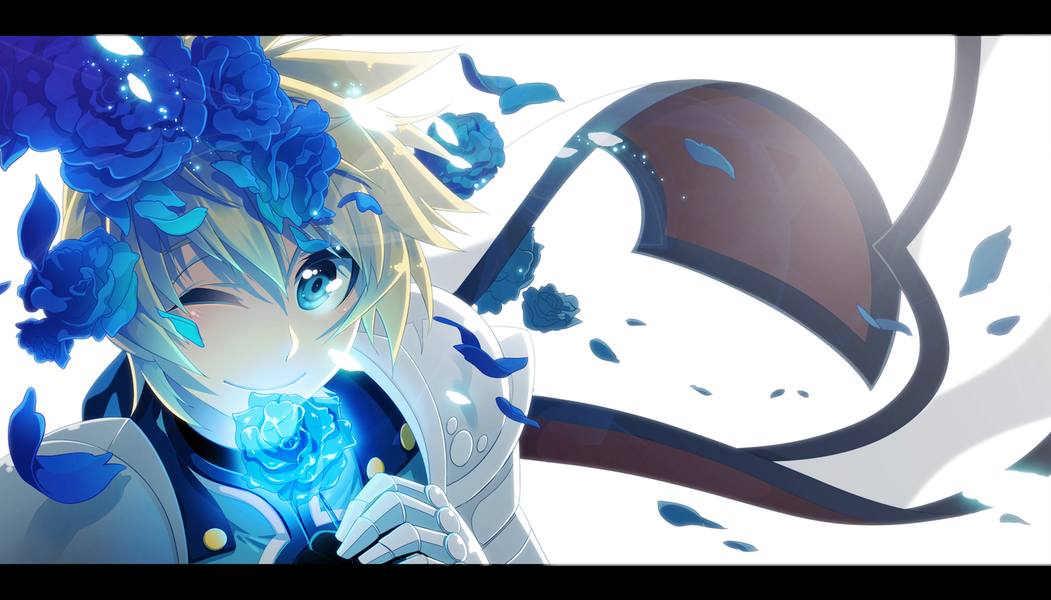 aqua_eyes, armor, blonde_hair, flowers, flynn_scifo, keiko_rin, petals, tales_of_vesperia, wink