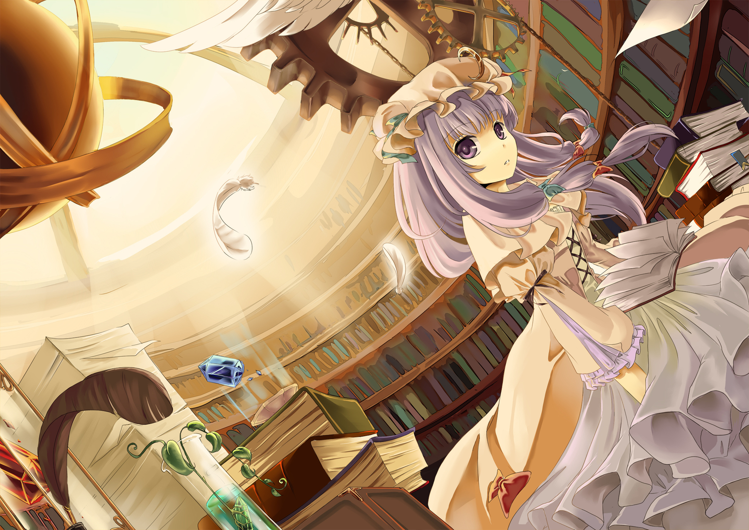 book, bow, dress, far_eastern_funion, feathers, hat, long_hair, patchouli_knowledge, purple_eyes, purple_hair, touhou