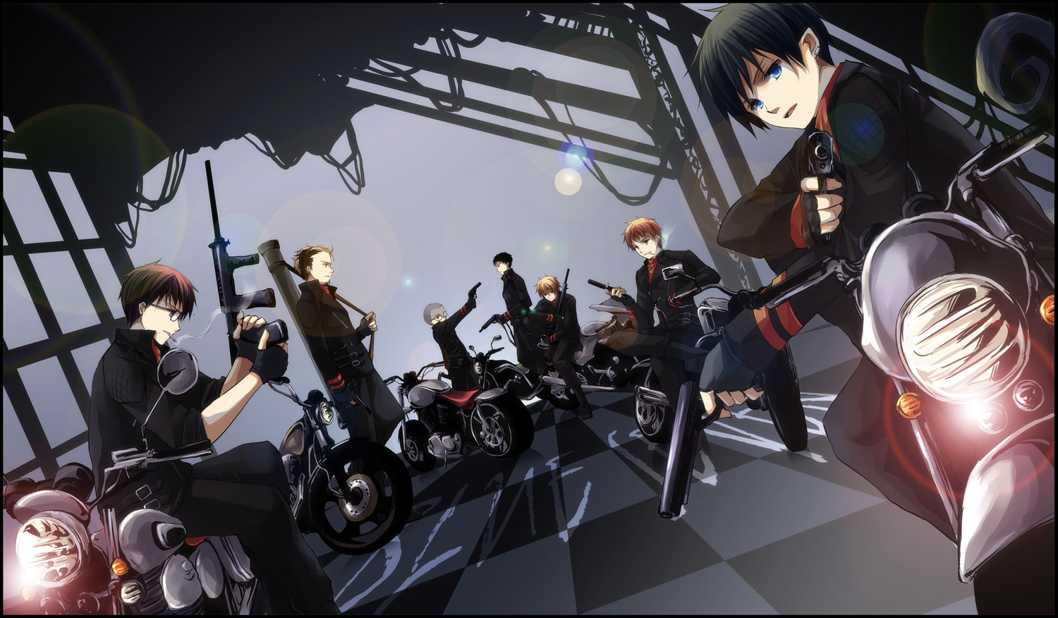 all_male, ao_no_exorcist, gun, iroha_(shiki), male, miwa_konekomaru, motorcycle, okumura_rin