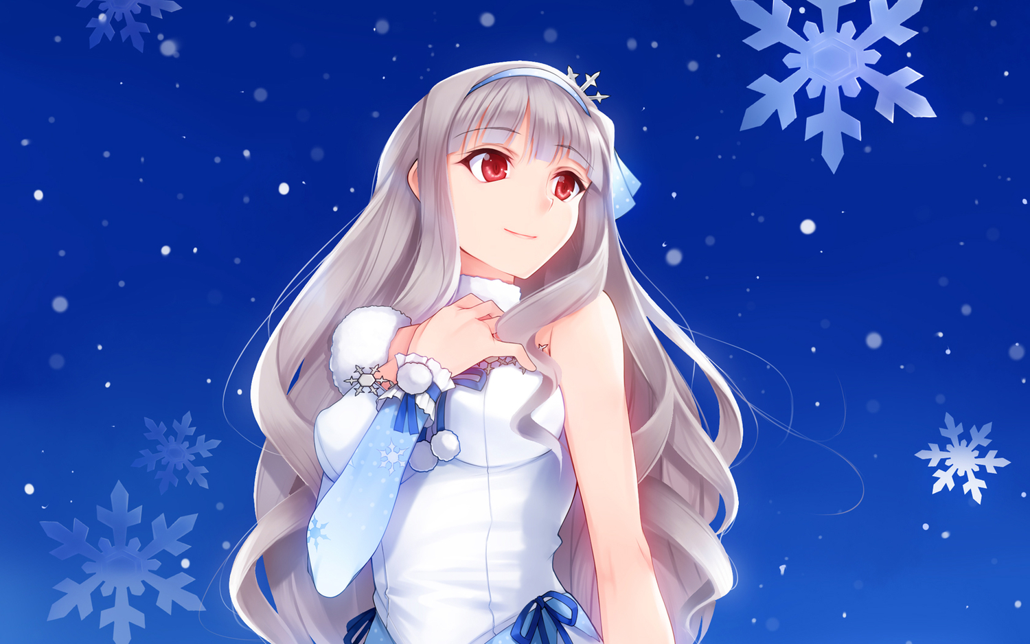 blue, dress, idolmaster, red_eyes, shijou_takane, snow, yuki_usagi_(mofurafu)