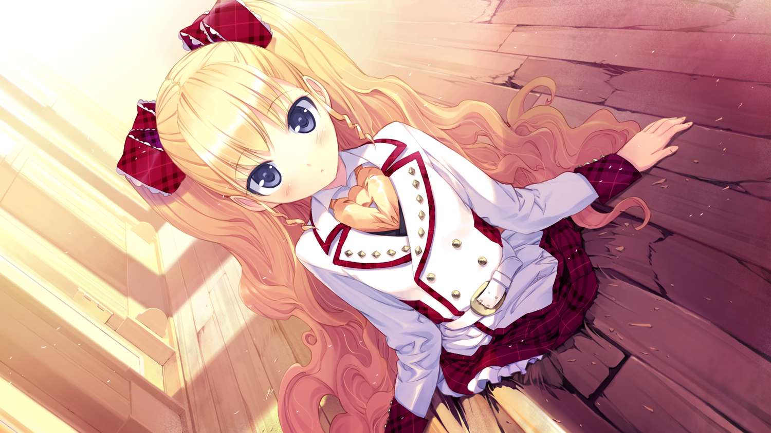 blonde_hair, blue_eyes, furumiya_elis, game_cg, loli, nanatsu_no_fushigi_no_owarutoki, ribbons, school_uniform, twintails, ueda_ryou