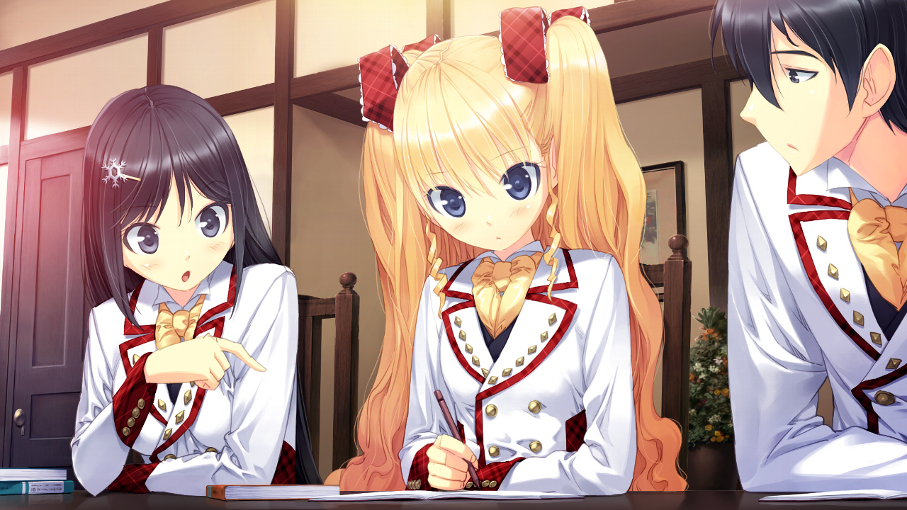 black_hair, blonde_hair, furumiya_elis, game_cg, mizushima_hyouko, nanatsu_no_fushigi_no_owarutoki, school_uniform, twintails