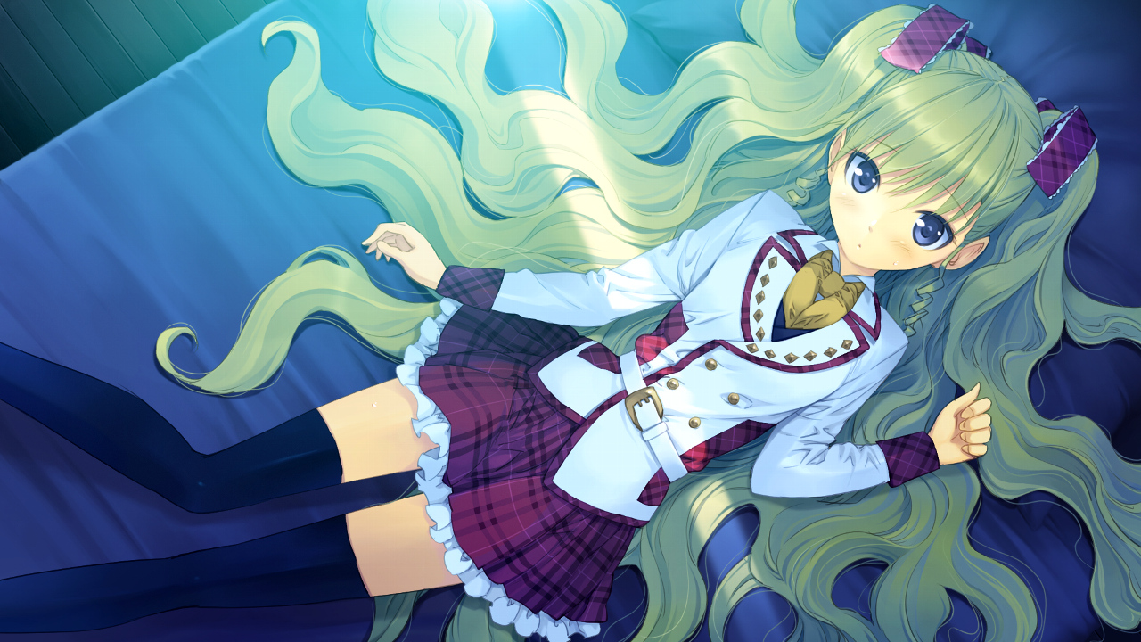 bed, blue_eyes, furumiya_elis, game_cg, green_hair, nanatsu_no_fushigi_no_owarutoki, school_uniform, twintails