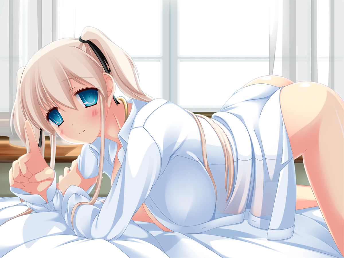 ass, blue_eyes, breasts, cleavage, long_hair, mabinogi, naked_shirt, nao, shirt, tagme, twintails, umitsubame