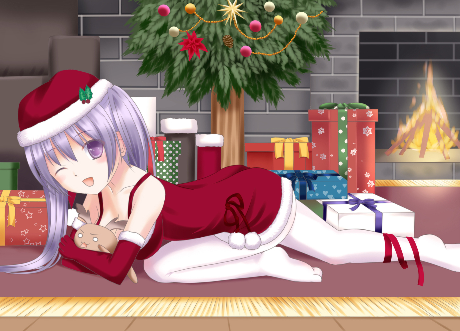 christmas, fire, hat, ikeda_yuuki, original, purple_eyes, purple_hair, santa_costume, tree, wink