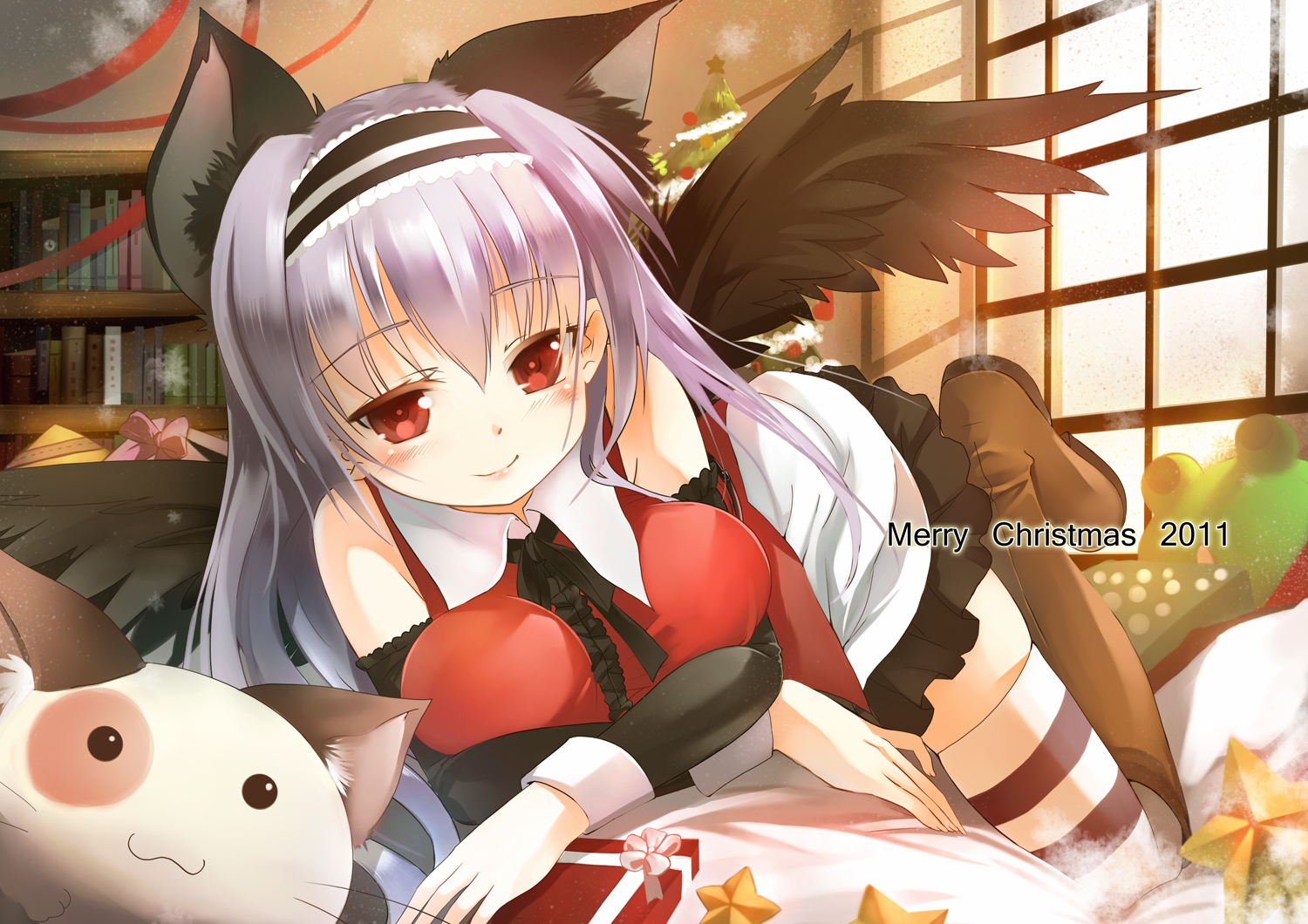 amaha_miu, animal, animal_ears, book, boots, bow, cat, christmas