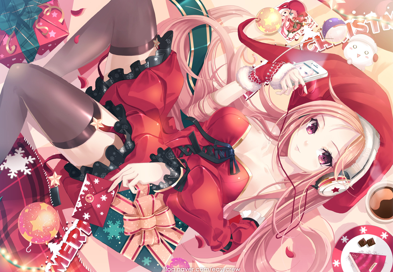 christmas, dress, easy_(easycrew), hat, headphones, ipod, lucia, pangya, pink_eyes, thighhighs