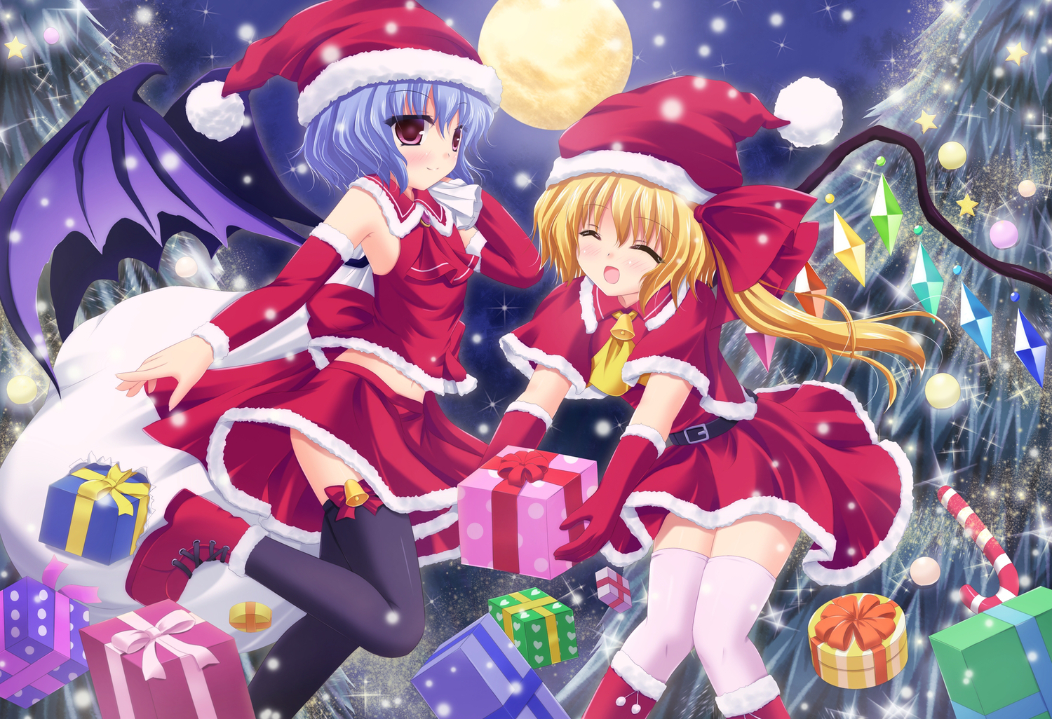 2girls, blonde_hair, blue_hair, candy, christmas, flandre_scarlet, food, gloves