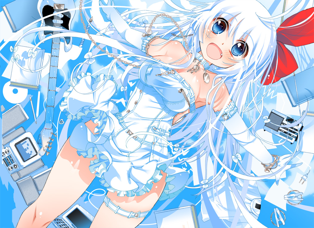 blue_eyes, bow, collar, computer, dress, guitar, instrument, original, sodapop_(iemaki), white_hair