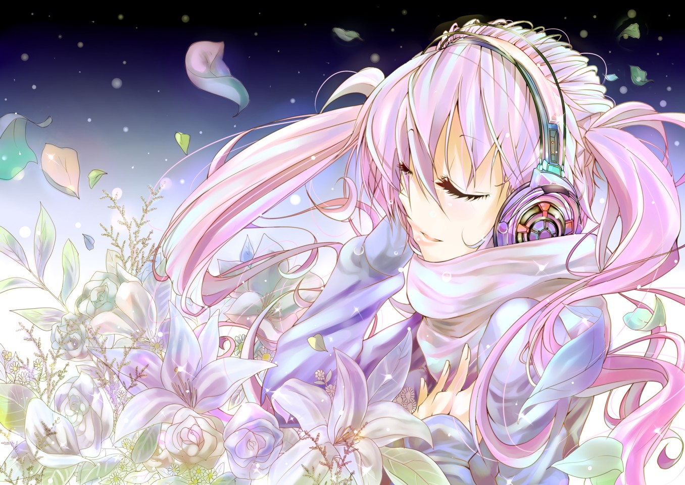 flowers, hatsune_miku, headphones, petals, pink_hair, shunsuke, snow, twintails