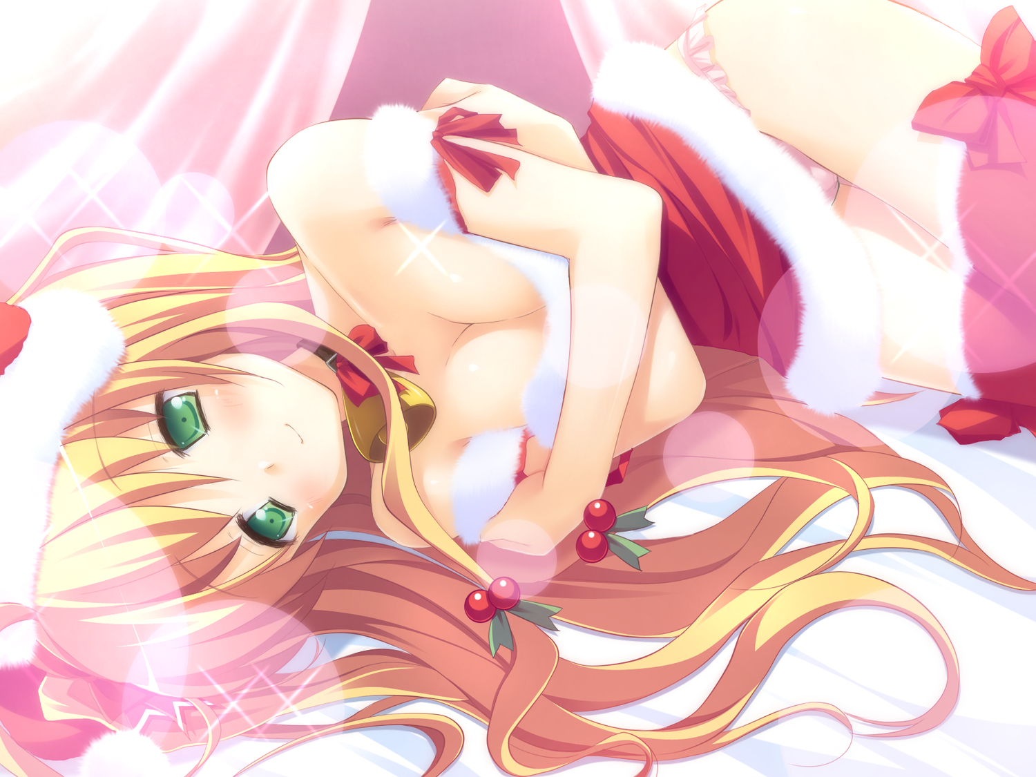 alcot, blonde_hair, christmas, game_cg, green_eyes, hat, nimura_yuushi, osananajimi_wa_daitouryou, ouhama_yukino, panties, ribbons, underwear