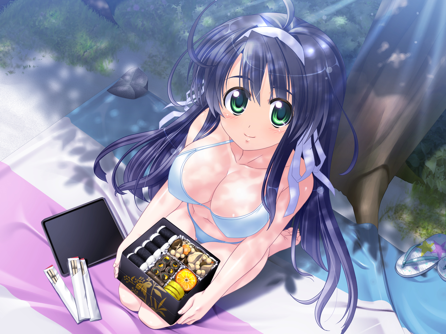 bikini, breasts, cleavage, food, game_cg, green_eyes, kazaori_yukina, koisuru_koto_to_mitsuketari, maki_yahiro, swimsuit