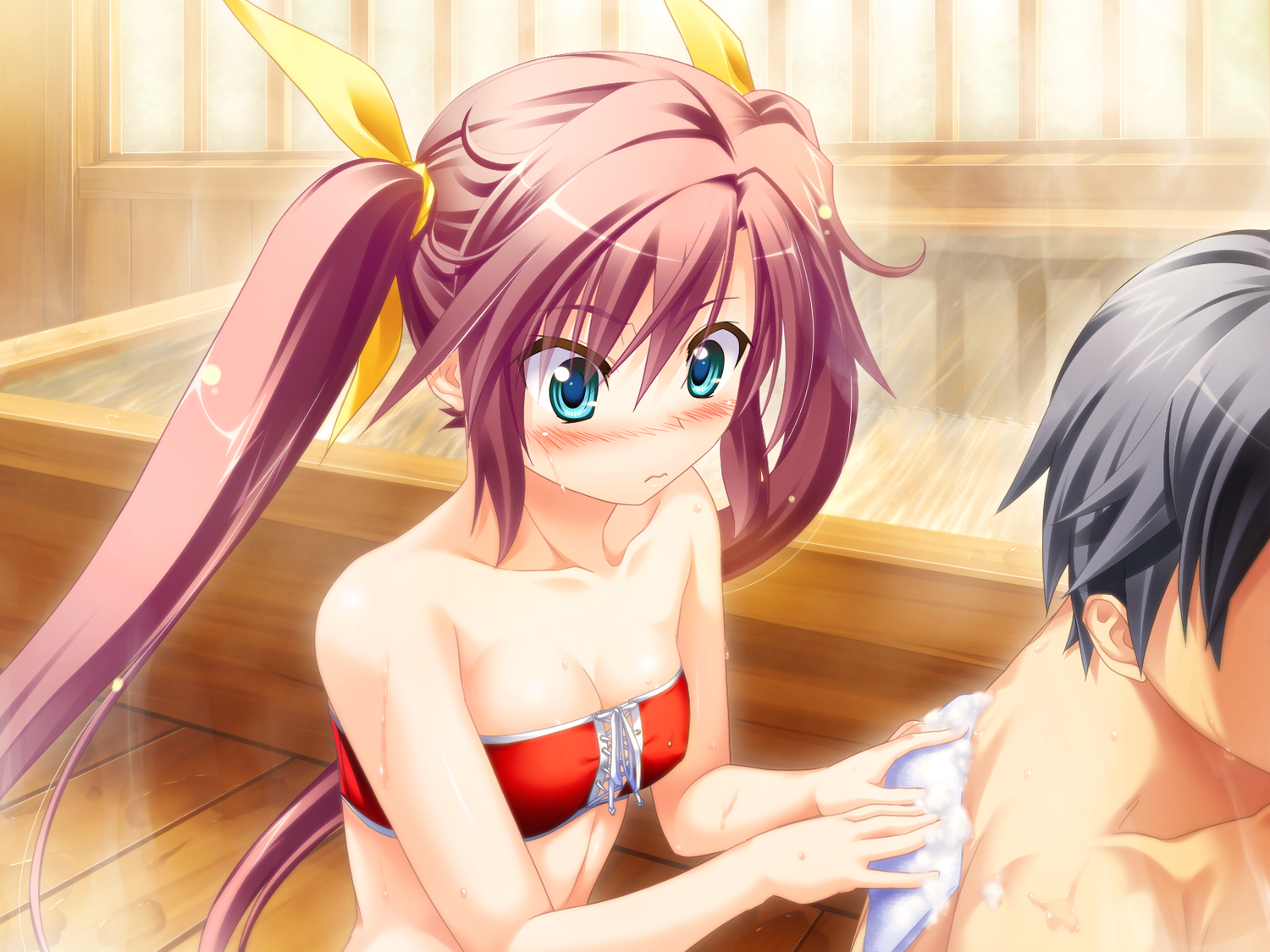bath, blush, game_cg, koisuru_koto_to_mitsuketari, maki_yahiro, swimsuit, tsukinaga_tore, wet