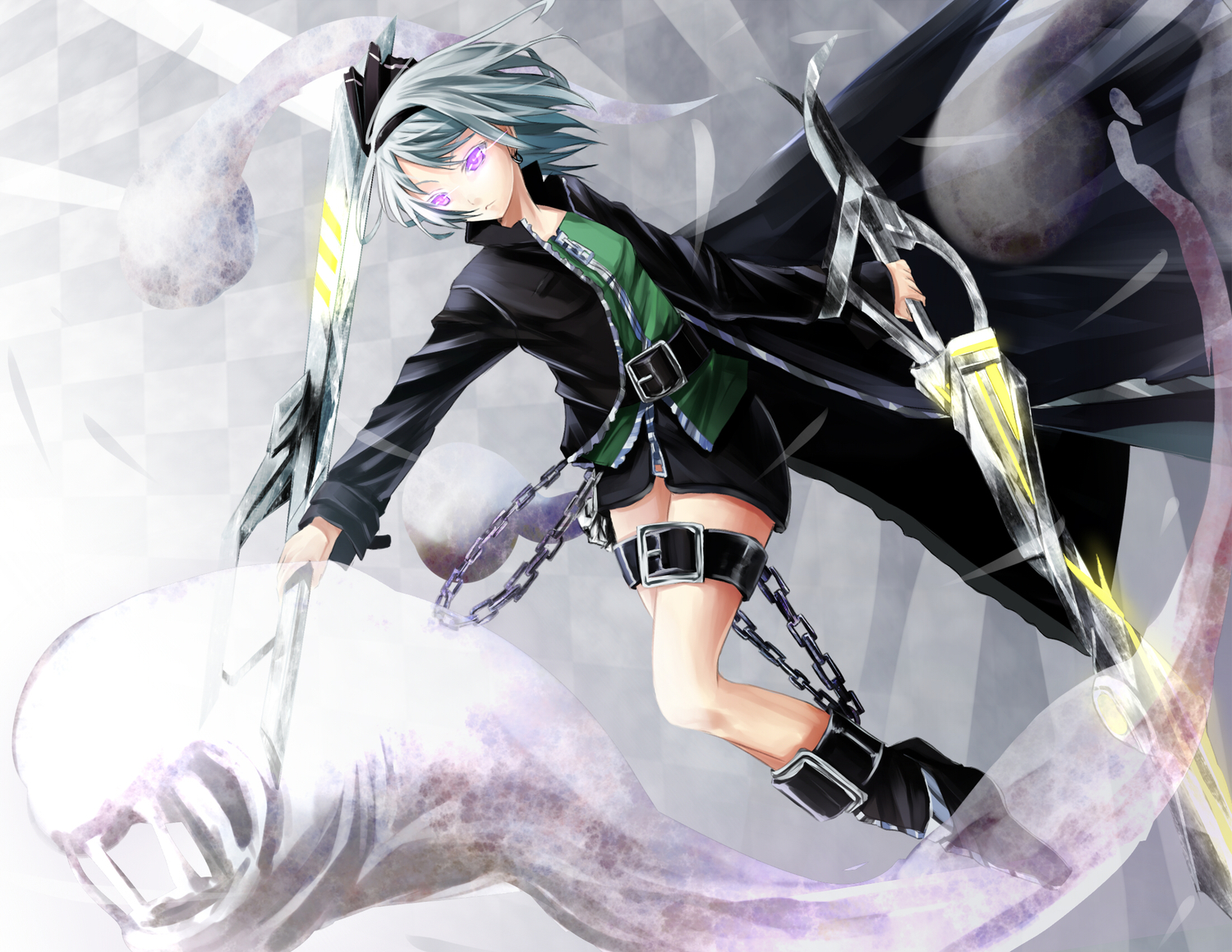 boots, bow, chain, gray_hair, konpaku_youmu, myon, purple_eyes, reio_(reio_reio), sword, touhou, weapon