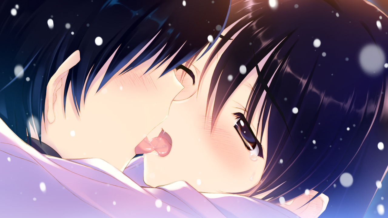 black_hair, blush, brown_eyes, brown_hair, close, game_cg, izumi_chiaki, kiss, kitahara_haruki, male, short_hair, snow, white_album_2