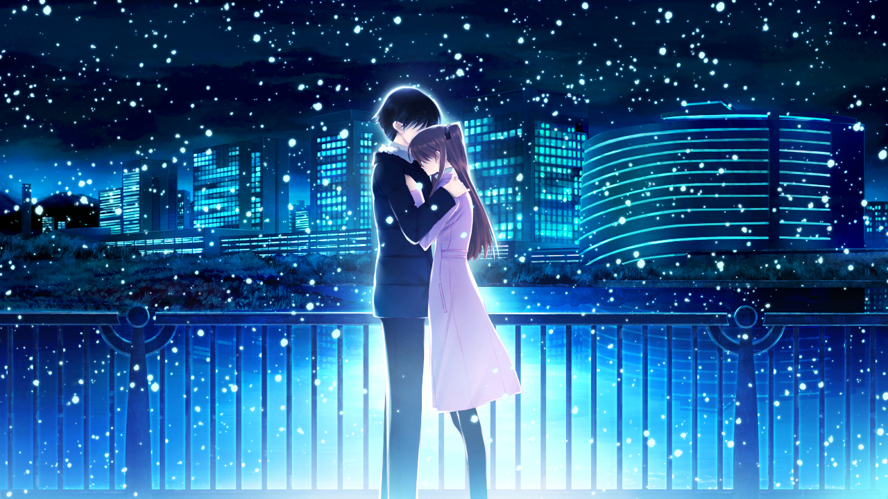 black_hair, brown_hair, building, city, clouds, game_cg, kitahara_haruki, long_hair, male, night, ogiso_setsuna, pantyhose, short_hair, sky, snow, water, white_album_2