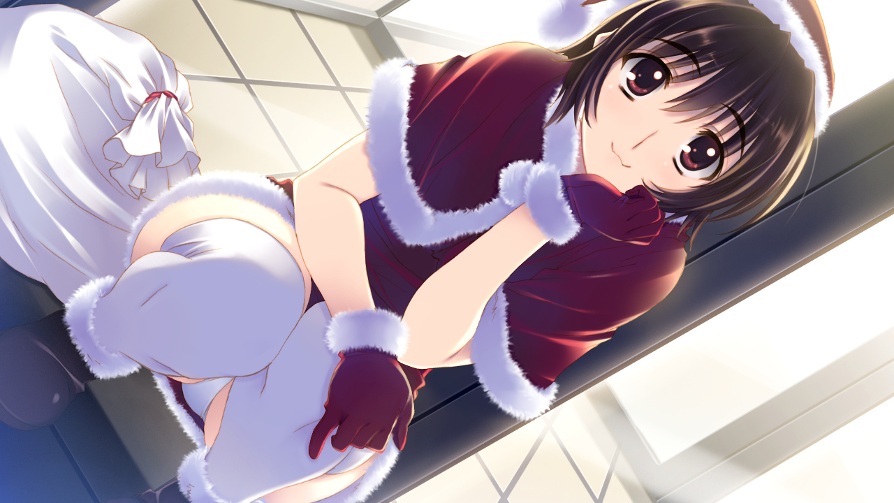 brown_hair, christmas, game_cg, gloves, hat, izumi_chiaki, panties, red_eyes, short_hair, thighhighs, underwear, white_album_2