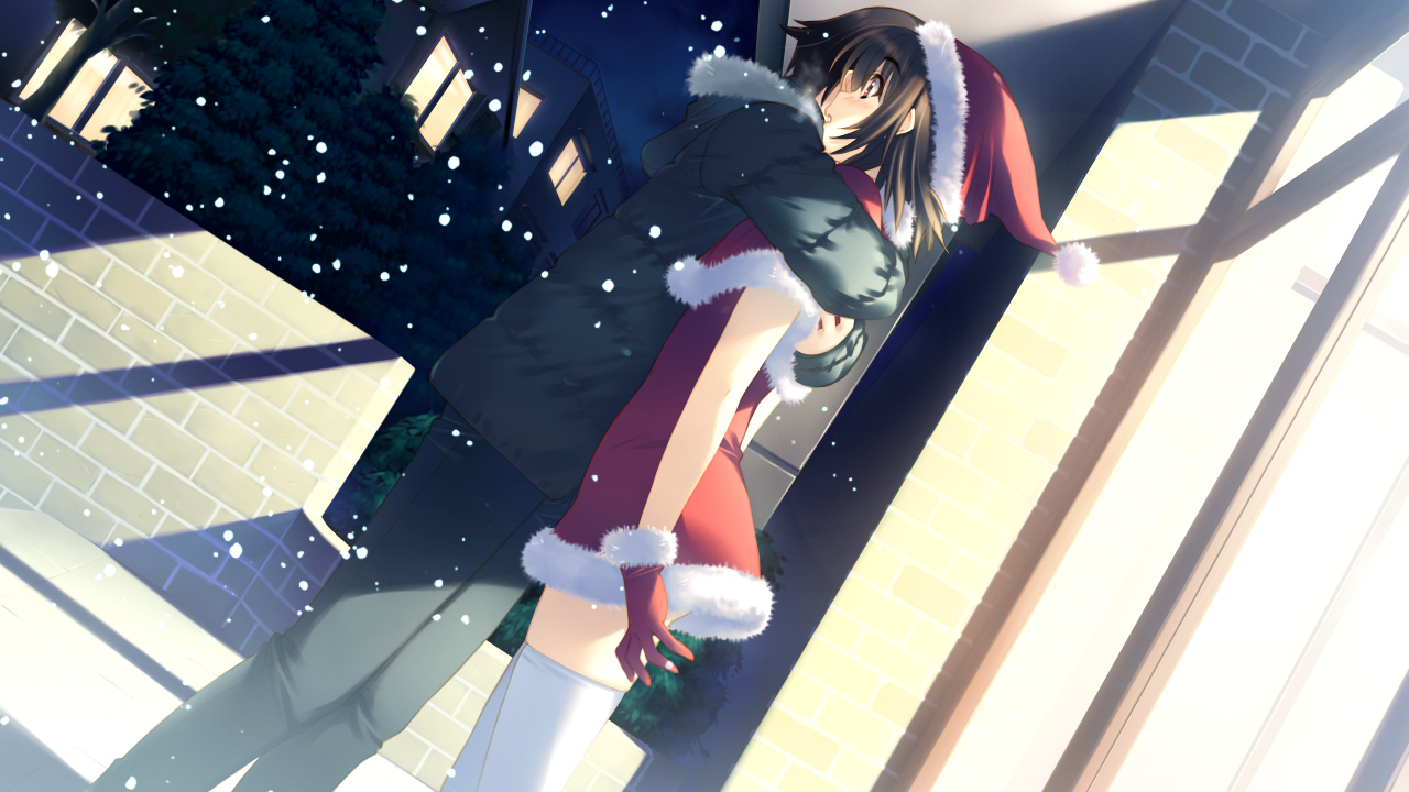 blush, brown_hair, christmas, dress, game_cg, gloves, hat, izumi_chiaki