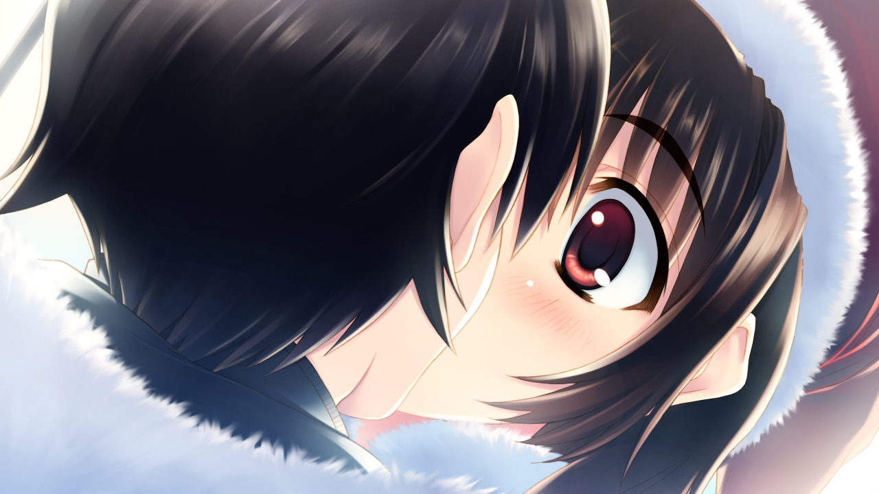 black_hair, blush, brown_hair, close, game_cg, hat, izumi_chiaki, kiss
