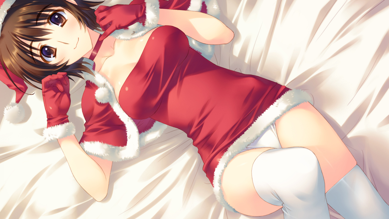bed, brown_eyes, brown_hair, christmas, dress, game_cg, gloves, hat, izumi_chiaki, panties, short_hair, thighhighs, underwear, white_album_2