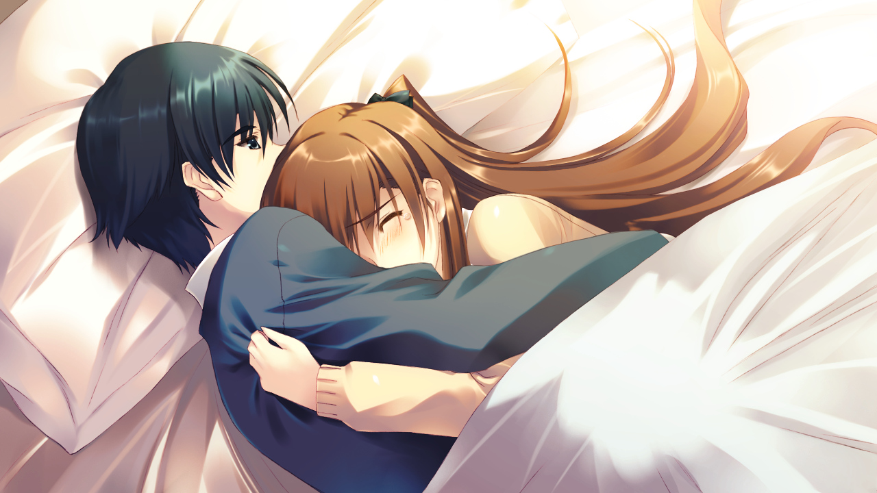 bed, black_eyes, black_hair, blush, brown_hair, game_cg, kitahara_haruki, long_hair